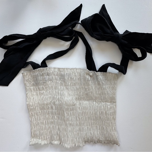 Zara off-white cream‎ smocked stretchy tube top black tie straps juniors medium - Picture 1 of 8